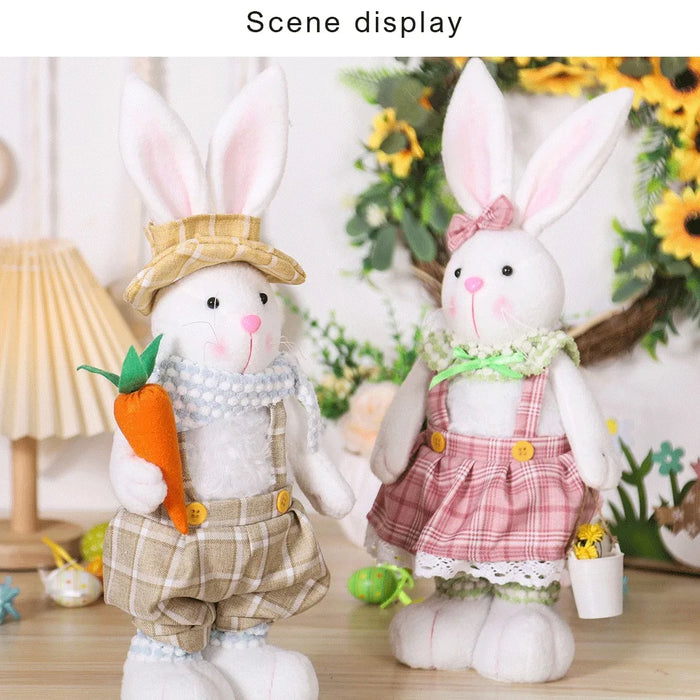 Easter Decorative Rabbit Cartoon Retractable Leg Couple Rabbit Doll Home Ornament Overalls Skirt Bunny Doll Easter Party Gifts
