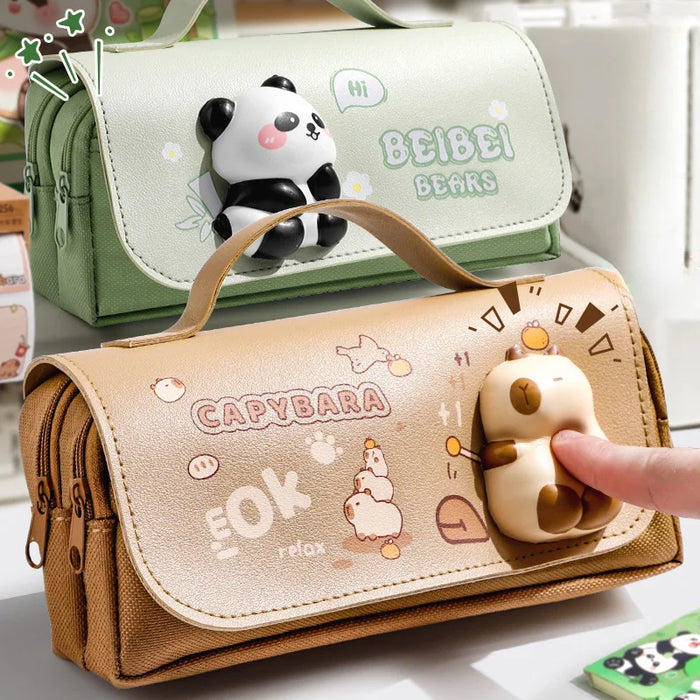Kawaii Capybara Large Capacity Pencil Case with Stress Relief Function Cute Pens Bag with Pressable Toy for Students Stationery