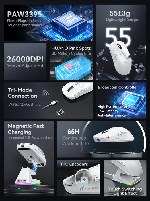 Attack Shark X6 PAW3395 Bluetooth Mouse,Tri-Mode Connection,RGB Touch Magnetic Charging Base