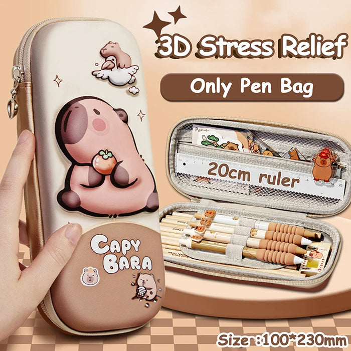 3D Cute Capybara Pencil Case Drop Resistant Waterproof Storage Box Hard Shell Decompression Pen Bag Student School Supplies