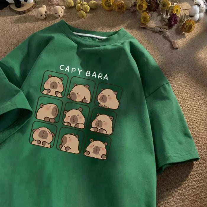 Capybara Print 100% Cotton T-shirts Women Manga Graphic Y2K Tee Harajuku Top Female Japanese Manga Designer Clothing
