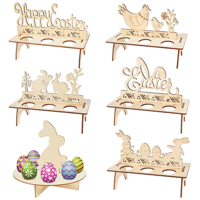 Easter Decoration for Home Wooden Easter Egg Holder Shelves DIY Craft Handmade Ornaments Kids Gift Happy Easter Party Decor 2025