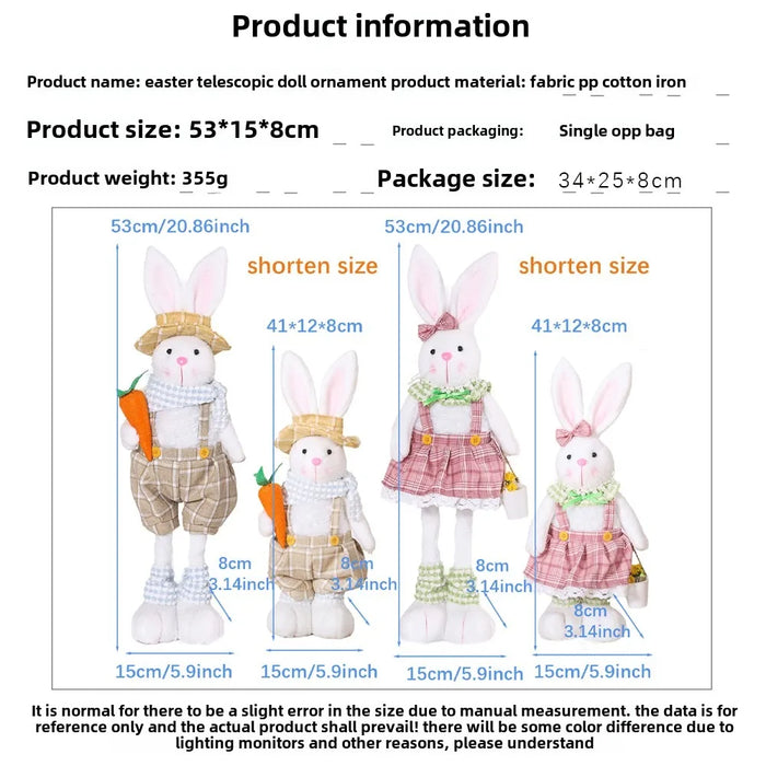 Easter Decorative Rabbit Cartoon Retractable Leg Couple Rabbit Doll Home Ornament Overalls Skirt Bunny Doll Easter Party Gifts