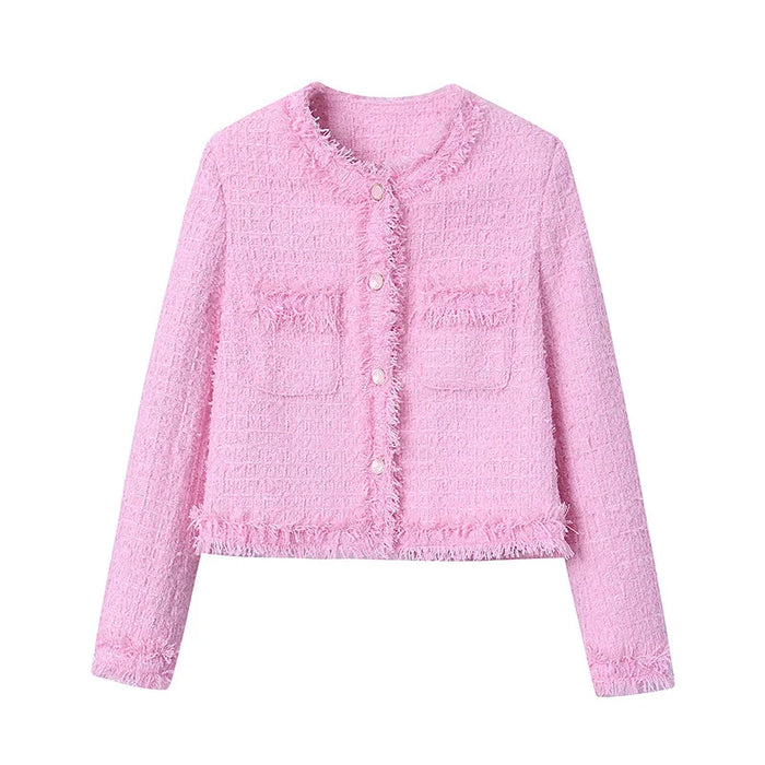 Pink Fringe Fur Shoulder Pad Tweed Jacket Blazer Boucle Crop Coat