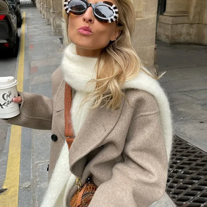 Retro Loose Casual Woolen Coats Double Breasted Stand Collar Short Jacket