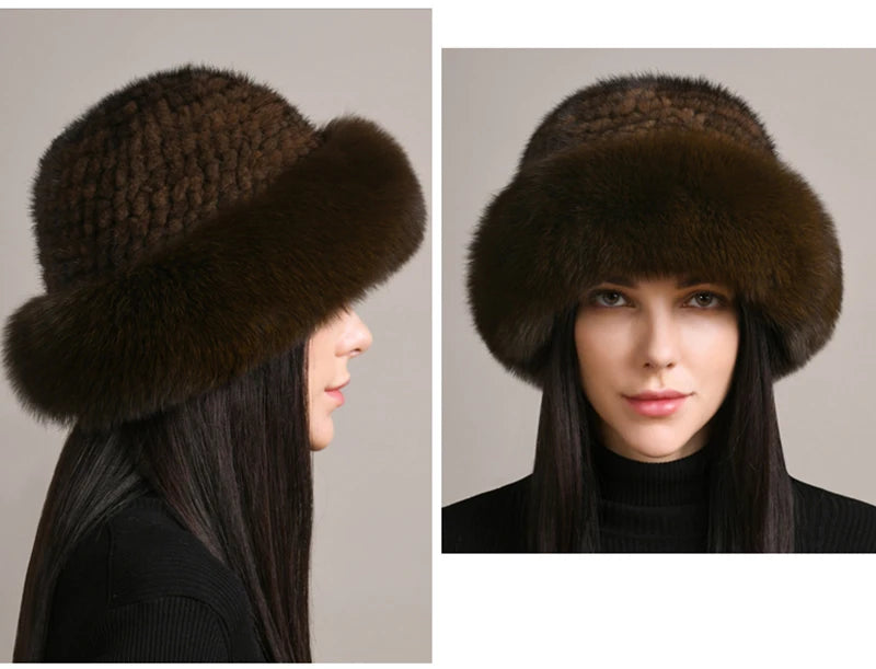 New Women Winter Luxury Knitted Real Mink Fur Bomber Hat Natural Warm Fox Fur Cap Girls Quality Soft 100% Genuine Mink Fur Hats