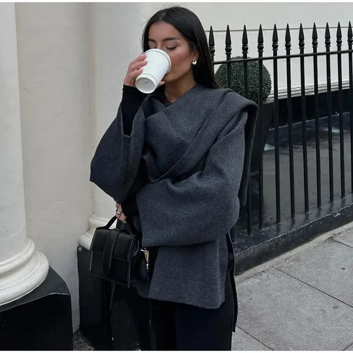 Autumn Gray Knitted Cape Coat with Scarf Women Long Sleeve Loose Cardigan