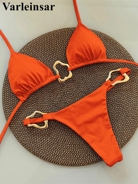 S - XL New 7 Colors Halter Metal Ring Bikini Female Swimsuit Women Swimwear Two-pieces Bikini set Bather Bathing Suit Swim V6406