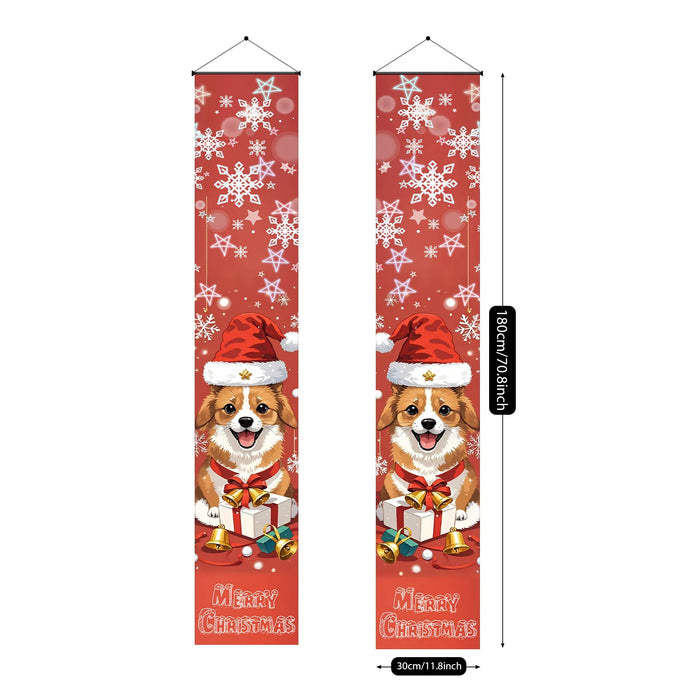 Merry Christmas Hanging Banner Porch Sign with Pattern Santa Claus Christmas Tree Snow Cap Gift Banner for Home Yard Indoor