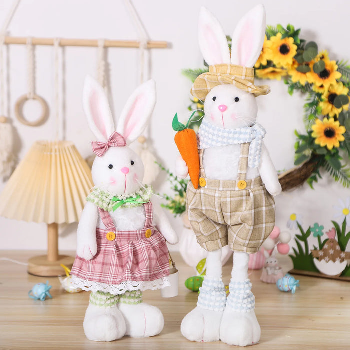 Easter Decorative Rabbit Cartoon Retractable Leg Couple Rabbit Doll Home Ornament Overalls Skirt Bunny Doll Easter Party Gifts