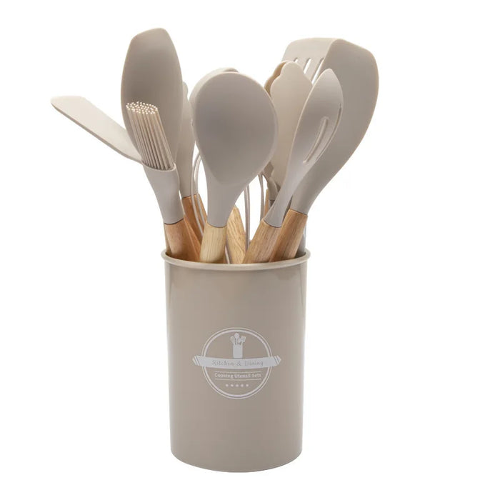 High Temperature Resistant Silicone Kitchenware with Wooden Handle12Set of Cooking Ladel Cream Scraper Tongs Egg Beater