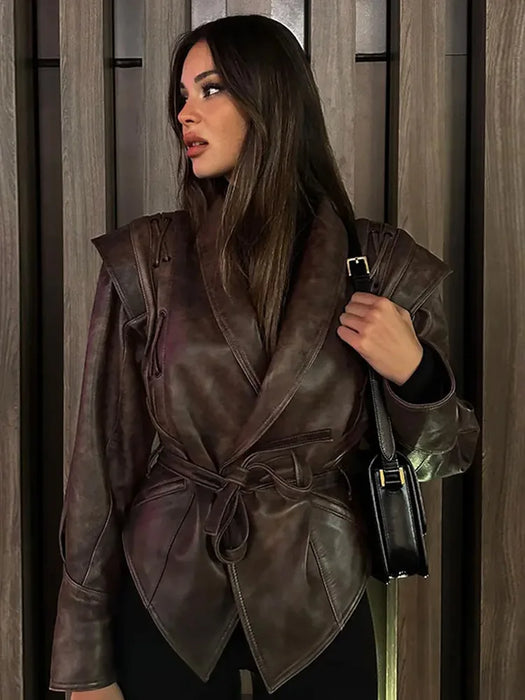 Fashion Lapel Lace Up Pu Leather Jacket Long Sleeve