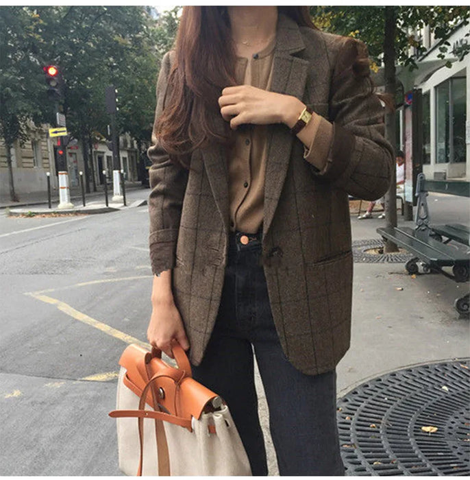 Plaid Blazer Women Jacket Korean Style Slim Long Sleeve