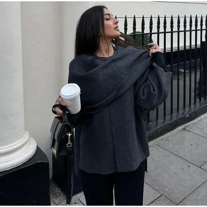 Autumn Gray Knitted Cape Coat with Scarf Women Long Sleeve Loose Cardigan