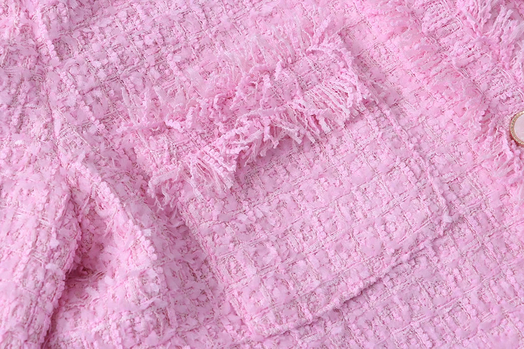 Pink Fringe Fur Shoulder Pad Tweed Jacket Blazer Boucle Crop Coat