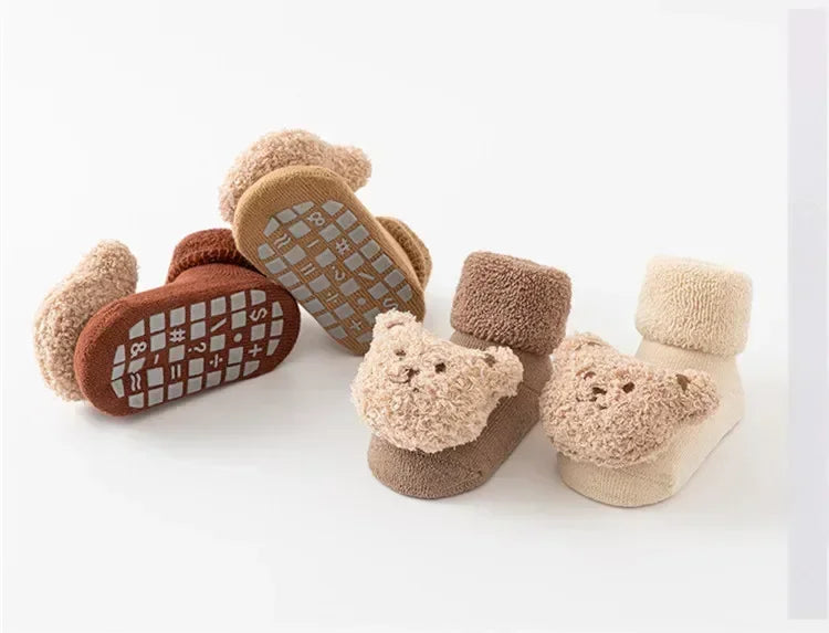 New Cute Cartoon Bear Baby Socks For Boys Girls Winter Soft Cotton Anti Slip Solid Newborn Toddler Sock Kids Thicken Socken