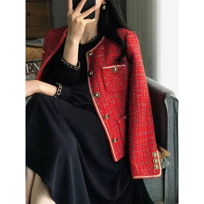 Vintage Red Tweed Coat French Vintage Loose and Versatile