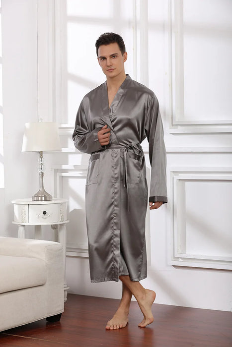 Summer New Men's Ice Silk Bathrobe Robe Men's Pop-Up Section of the Long Section of Cardigan Robe Pajamas Pajamas Home Clothing