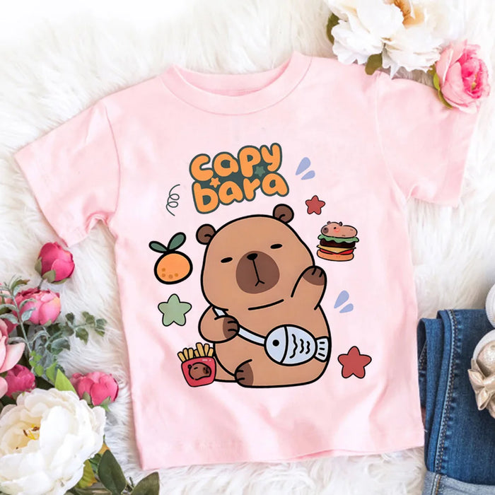 Kids Basic T-shirt Women Men Capybara Tees 3-10Years Children Short Sleeved Clothes Boys Girls Round Neck Tops Birthday Gifts