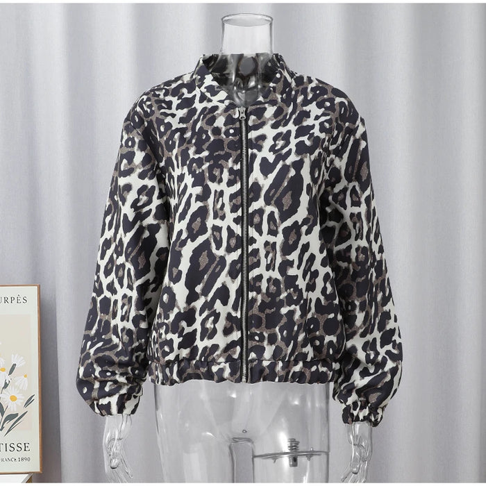 Fashion Leopard Zipper Long Sleeved Women's Jacket Retro Round Neck