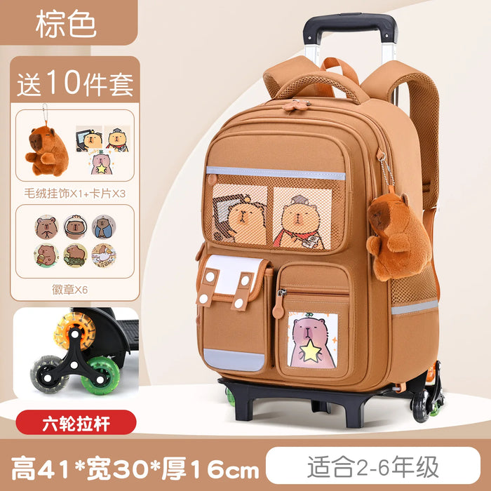 Capybara Children Cartoon School Backpack with Wheels Students Bags for Girls Boys Trolley  Schoolbag Rolling Wheeled Backpacks
