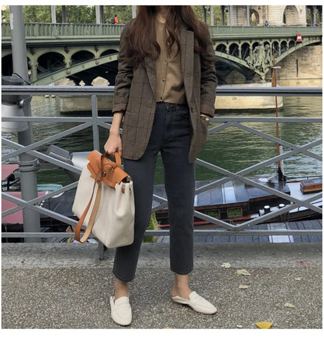 Plaid Blazer Women Jacket Korean Style Slim Long Sleeve