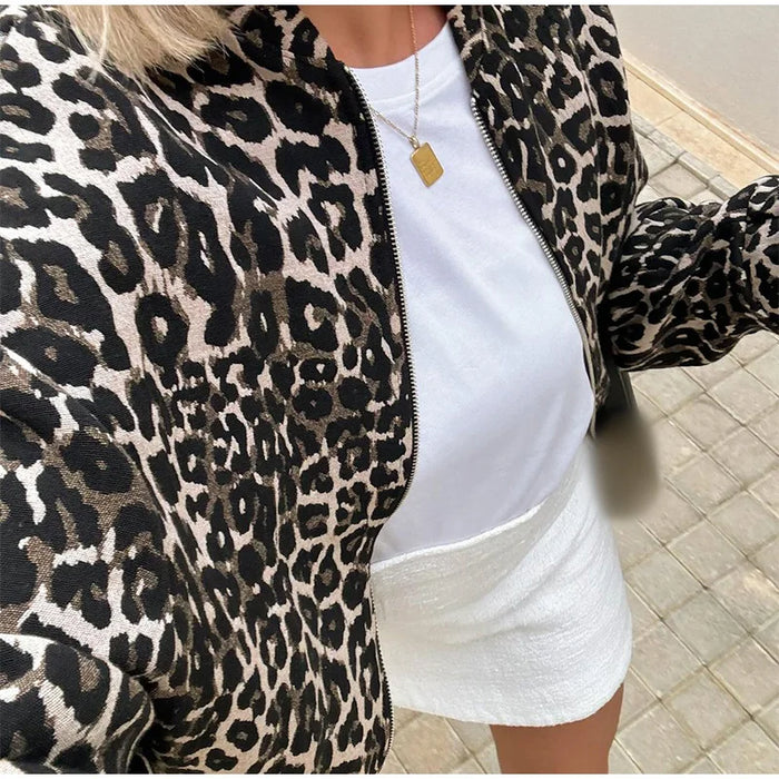 Fashion Leopard Zipper Long Sleeved Women's Jacket Retro Round Neck