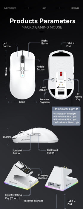 Attack Shark X6 PAW3395 Bluetooth Mouse,Tri-Mode Connection,RGB Touch Magnetic Charging Base