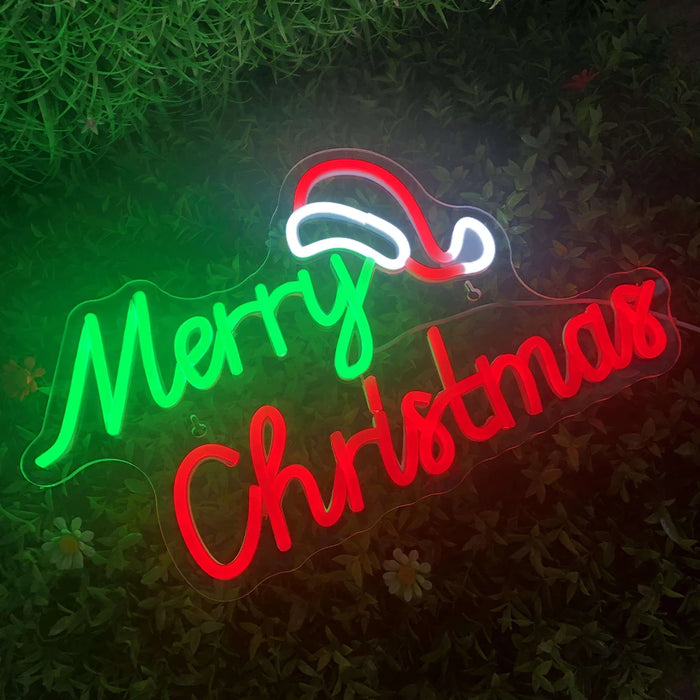Merry Christmas Neon Sign Christmas Hat Dimmable LED Sign