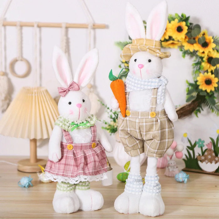 Easter Decorative Rabbit Cartoon Retractable Leg Couple Rabbit Doll Home Ornament Overalls Skirt Bunny Doll Easter Party Gifts