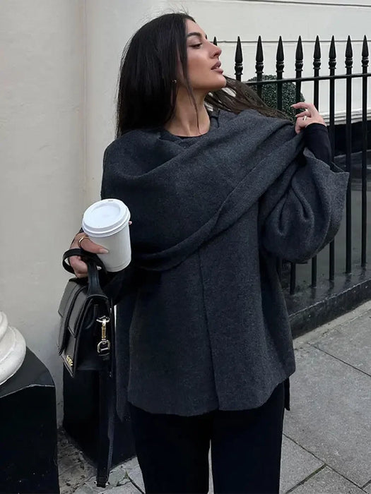 Autumn Gray Knitted Cape Coat with Scarf Women Long Sleeve Loose Cardigan