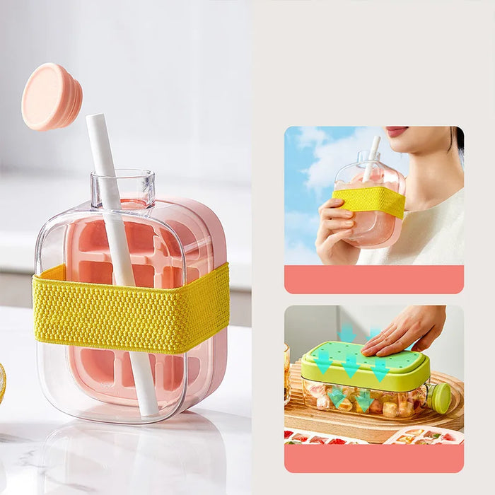 Summer Ice Cube Tray With Straw 2 in1 Ice Tray And Water Bottle For Ice Maker Silicone Ice Cube Portable Kettle Reusable Icecup