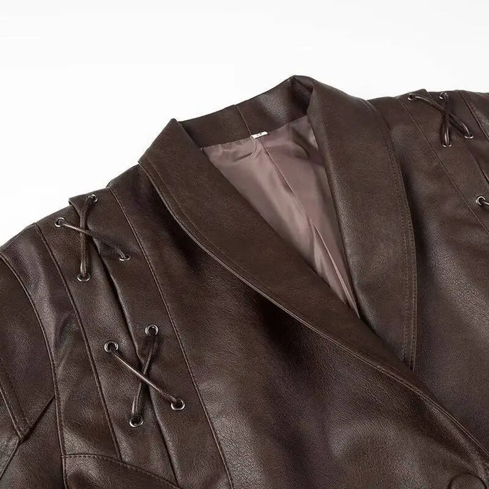 Fashion Lapel Lace Up Pu Leather Jacket Long Sleeve
