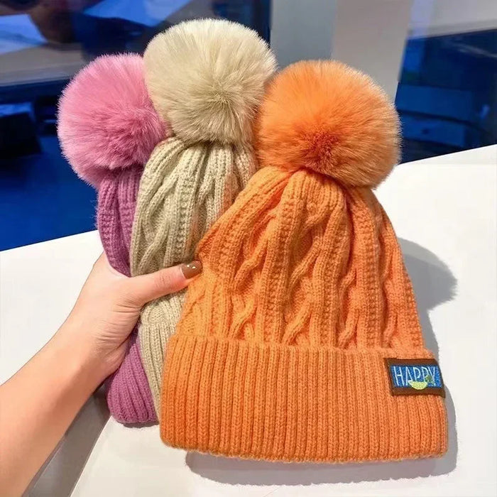 Autumn and Winter Women's Pompom Knitted Hat Women Solid Color Thicken Plush Beanie Cap Female Autumn Warm Crochet Hats
