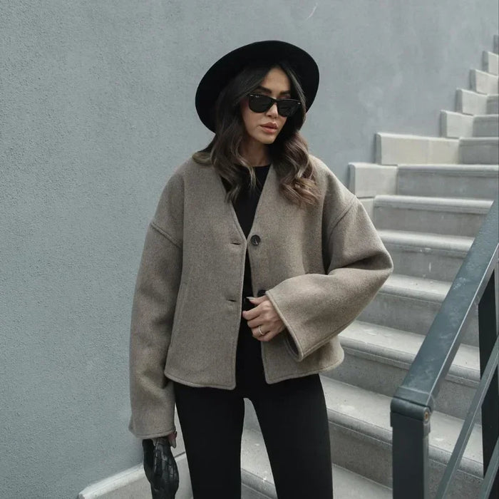 Women's Fashion V Neck Warm Coat Elegant Button Long Sleeve