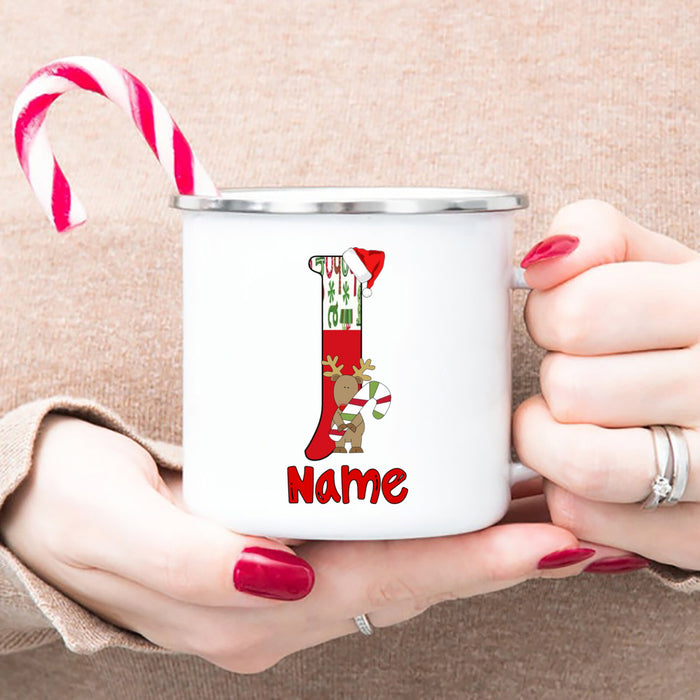 Personlized Reindeer Initial with Name Enamel Cups Christmas Hot Chocolate Mug