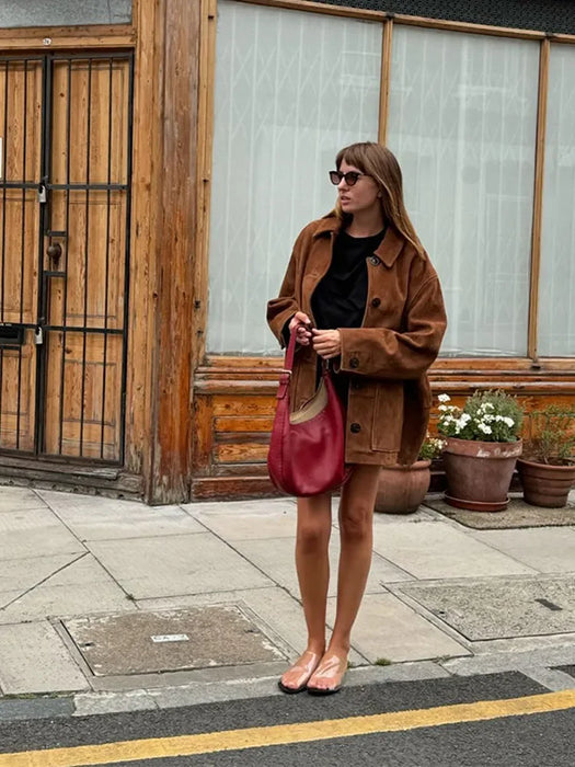 Retro Caramel Suede Leather Blazer Lapel Casual Single Breasted Loose Pocket