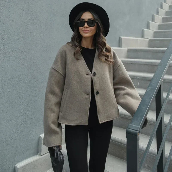 Women's Fashion V Neck Warm Coat Elegant Button Long Sleeve
