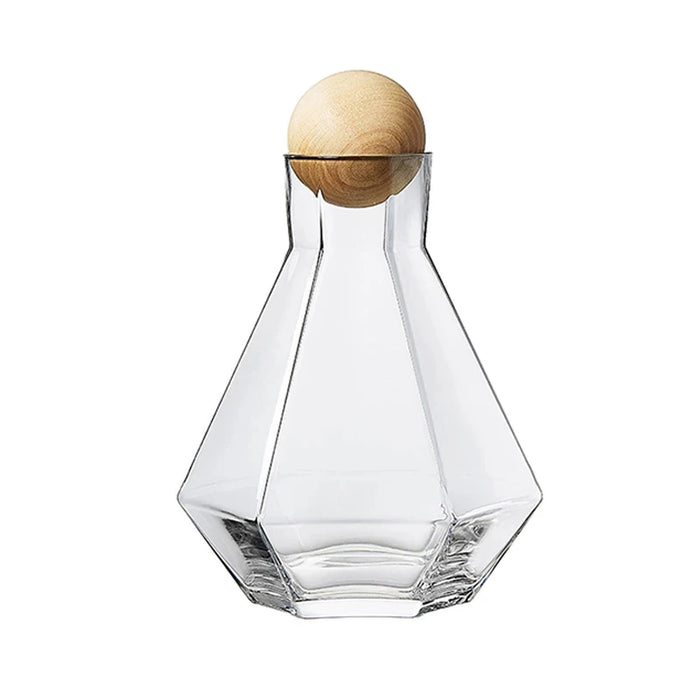 Nordic Diamond Shape Glass Water Kettle with Natural Wood Ball Lid Clear Cold Water Jug Juice Beverage Pitcher Home Drinkware