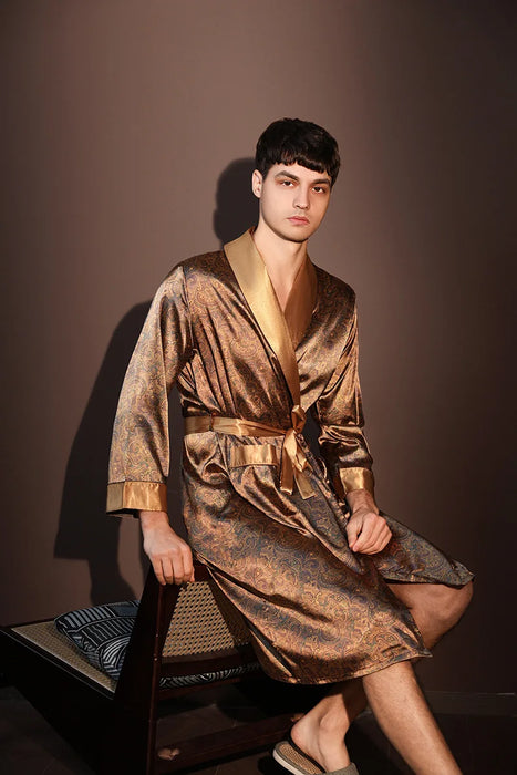 High Quality Nightrobes Men Summer Thin Bathrobe Large Size Ice Silk Printed Pajamas One-piece Robe Male Loungewear Gents Spring