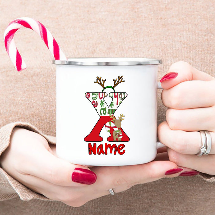 Personlized Reindeer Initial with Name Enamel Cups Christmas Hot Chocolate Mug