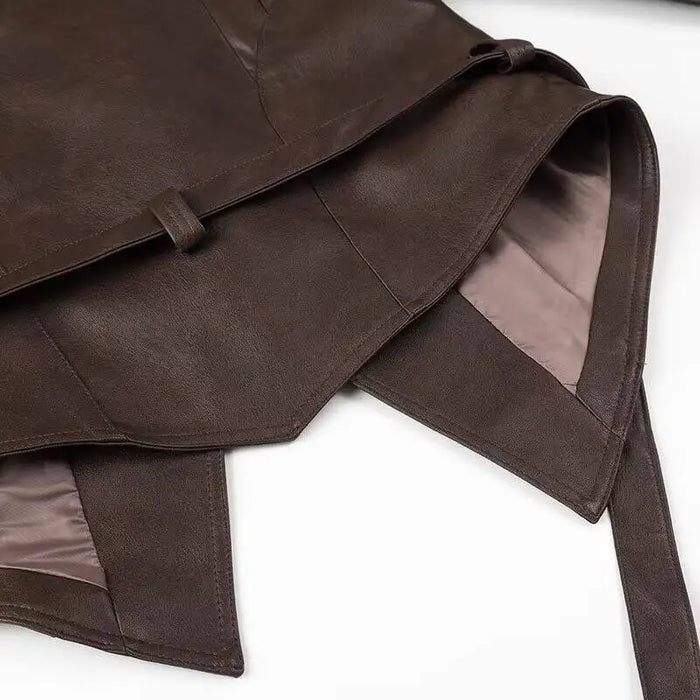 Fashion Lapel Lace Up Pu Leather Jacket Long Sleeve