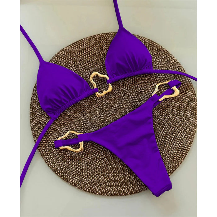S - XL New 7 Colors Halter Metal Ring Bikini Female Swimsuit Women Swimwear Two-pieces Bikini set Bather Bathing Suit Swim V6406