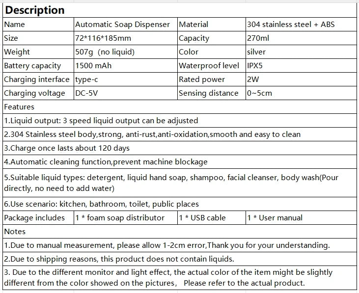 Kitchen Soap Machine Automatic Sensor Out of Hand Sanitizer Smart Electric Body Wash Soap Dispenser 304 Stainless Steel