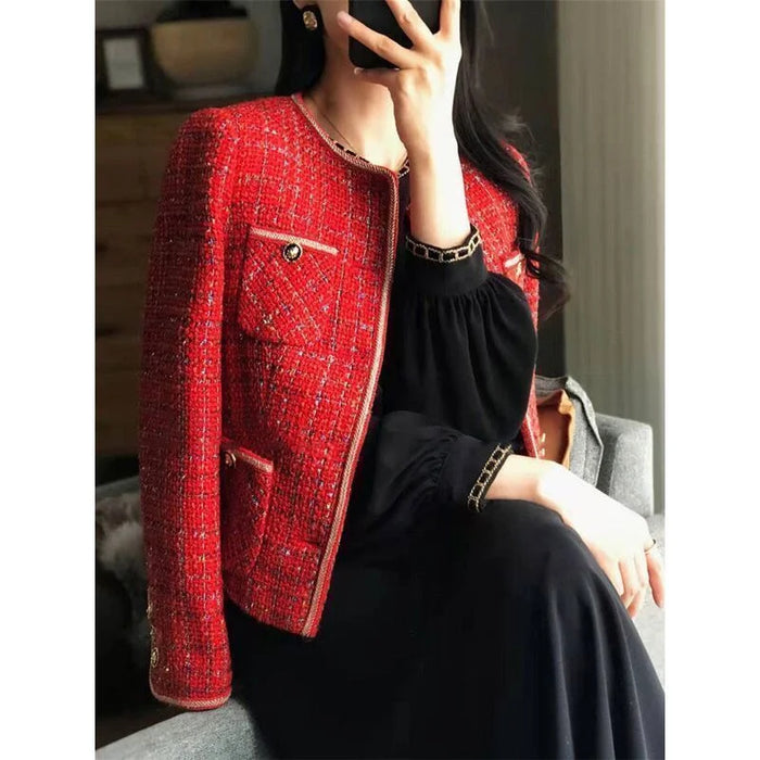 Vintage Red Tweed Coat French Vintage Loose and Versatile