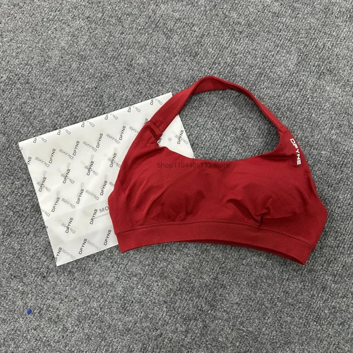 Impact Sports Bra Women Seamless Halter Neck Strap Bra with Logo Padded Open Back Yoga Top Bra Medium Support Gym Crop Top