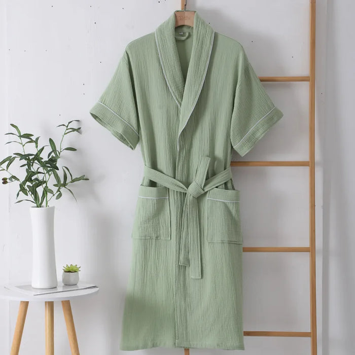 100% Cotton Double Layer Gauze Robes Women&Men Summer Thin Short Sleeves Bathrobe Nightgown Home Service Solid Hotel Bathrobe