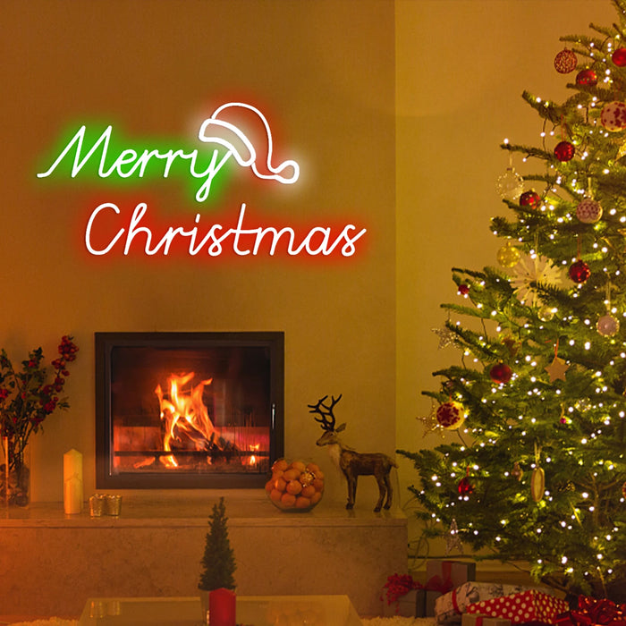 Merry Christmas Neon Sign Christmas Hat Dimmable LED Sign