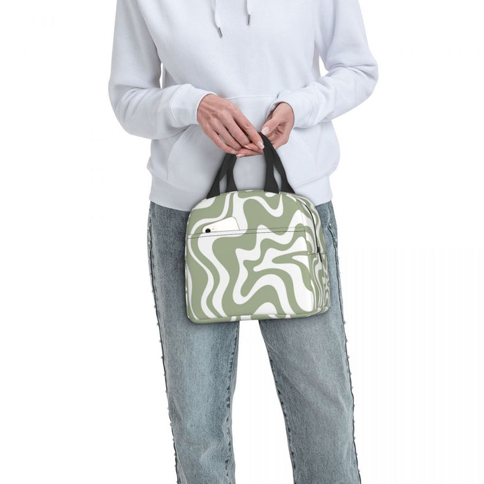 Geometric Liquid Swirl Abstract Pattern In Sage Green Insulated Lunch Bag