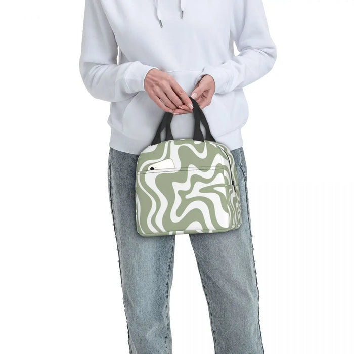 Geometric Liquid Swirl Abstract Pattern In Sage Green Insulated Lunch Bag
